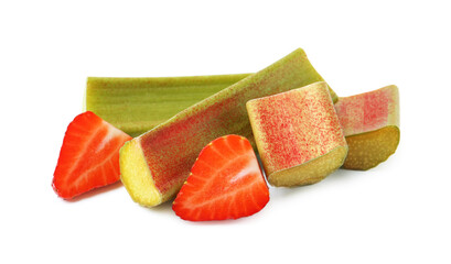 Cut fresh rhubarb and strawberry isolated on white