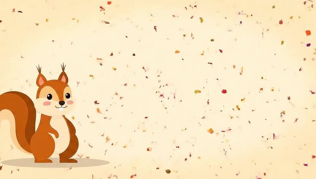 Cute Squirrel Character Blowing Autumn Leaves and Nuts in a Playful Animated Scene.