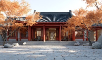 A traditional Chinese building with red columns and black tiles, surrounded by autumn trees and stones in the courtyard.