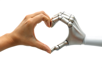 human and robot hands forming a heart shape isolated on white background, png, ai generated