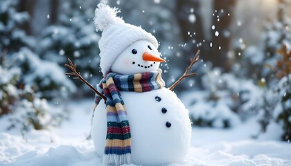 Cute snowman with a colorful scarf and carrot nose standing in fresh snow. Bright winter day, joyful holiday mood, cheerful Christmas atmosphere.