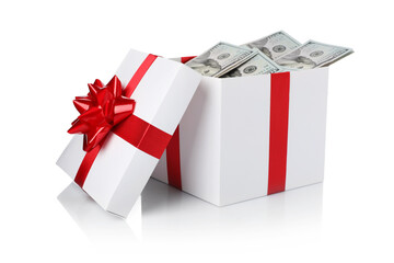 Gift box with dollar banknotes isolated on white