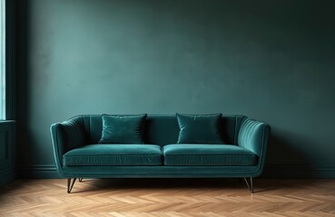 Stylish living room features teal velvet sofa with two cushions. Dark walls contrast wood parquet floor. Modern interior design creates cosy atmosphere. Elegant furniture piece offers comfort,