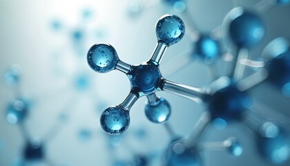 Close up of blue transparent molecular structure with clear connectors. Scientific research and development, atom, bond, chemistry abstract background.