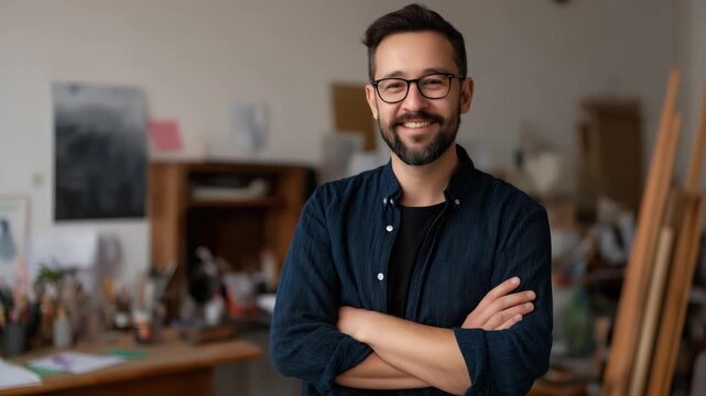A smiling artist stands confidently in his creative studio filled with art supplies, illustrating the importance of self-expression and creativity in the artistic process and daily life.