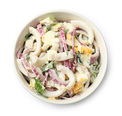 Tasty salad with squid rings, onion and eggs isolated on white, top view