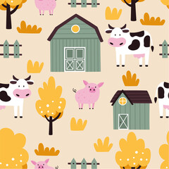 Farm, cow and pig pattern. Fabric and wrapping paper design.