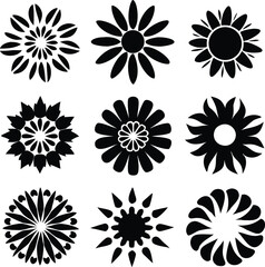 Collection of nine black stylized floral and starburst graphic elements