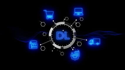 Digital learning diagram with DL in the center and connected icons Keywords: DL, Deep Learning, artificial intelligence, AI, network, technology, digital, connection
