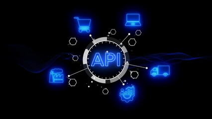 Digital network diagram with API in center and icons for business, industry, and technology application programming interface