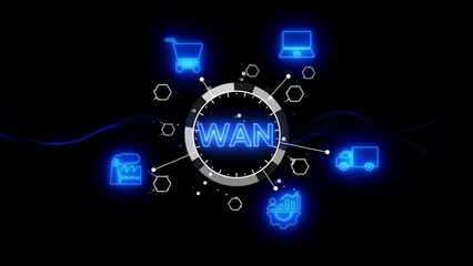 Digital network diagram with WAN in the center and connected icons Keywords: WAN, Wide Area Network, technology, digital, connection, communication, data, internet