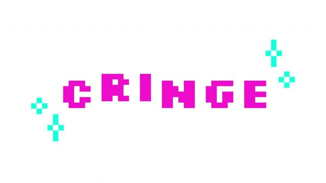 Animated word cringe in pink pixel typography. Gen z awkward, embarrassment. Dislike, ugh. Meme reaction. Retro 8 bit style bouncing text reaction animation with sparkles. Pixelated jumping letters