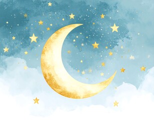 Watercolor crescent moon and stars