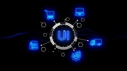 UI icon at the center of a digital network with icons for business, industry, and technology user interface