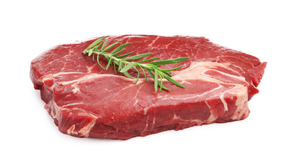 Piece of raw beef meat and rosemary isolated on white