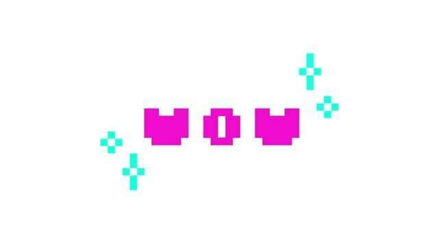 Animated word WOW in pink pixel typography. Shoutout reaction. Exclamation interjection. Excited, surprise. Retro 8 bit style bouncing text reaction animation with sparkles. Pixelated jumping letters