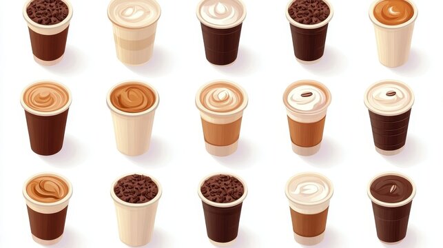 A modern and cohesive pattern of coffee cups and saucers is set against a pristine white setting