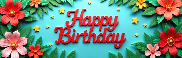 Vibrant red text reads Happy Birthday surrounded by colorful paper flowers green leaves and yellow stars. Festive background for celebration party or greeting card.
