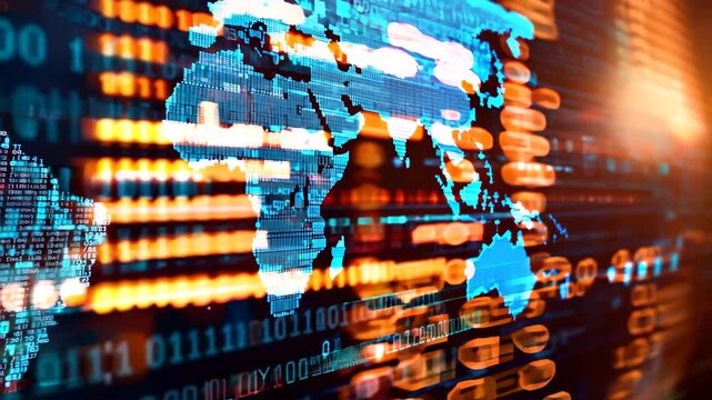 Abstract Digital World Map with Data Visualization and Binary Code