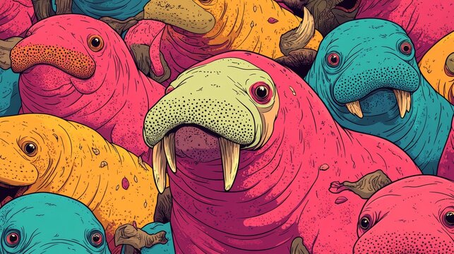 A seamless pattern of walrus muzzles is available for digital wallpaper or fabric design