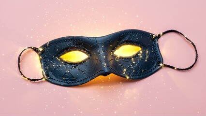 Mystical Black Mask Illuminated with Golden Light and Sparkling Stars on a Soft Pink Background