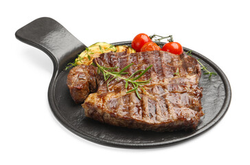Delicious grilled beef steak with rosemary, zucchini and tomatoes isolated on white