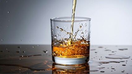Capturing the dynamic splash and cascade as golden amber liquid pours into a clear glass.