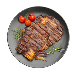 Delicious grilled beef steak with rosemary, onion and tomatoes isolated on white, top view