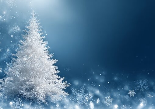 A visually appealing winter scene featuring a snow-covered Christmas tree and sparkling snowflakes in a blue background.