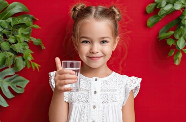 cute girl smiling and holding a glass of water, making a thumbs-up gesture on a red background with a green plant in the room