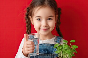 cute girl smiling and holding a glass of water, making a thumbs-up gesture on a red background with a green plant in the room