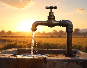 Water flowing from an old faucet outdoors with a beautiful sunset background