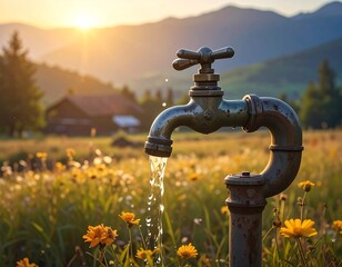 Water flowing from a faucet in a natural setting with flowers and mountains