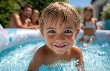 a family enjoying an inflatable pool in the backyard, with children playing and laughing around it.