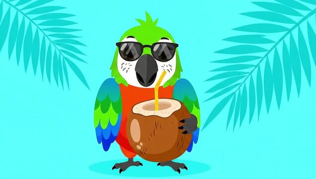 Parrot Enjoying Coconut Drink in Tropical Paradise with Sunglasses.