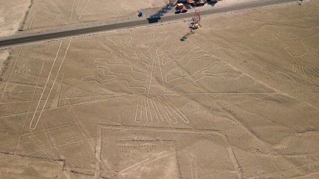 Aerial shot of the Nazca Lines showing the tree geoglyph carved into the arid Peruvian desert near a viewing tower