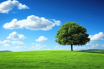 Obraz premium Lone tree on green hill under a sunny, clouded sky