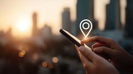 Medium shot of a person using a smartphone with geotargeting tech highlighting local ad delivery on a mobile screen in a city environment.