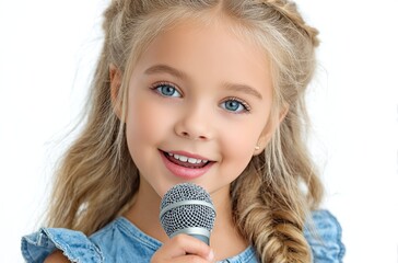 a girl, approximately 7 years old, with blonde hair wearing a blue dress and holding a microphone, singing to the camera against a white background with bright lighting