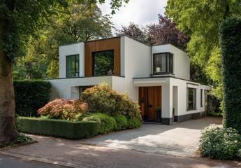 A modern house with many windows and trees in front