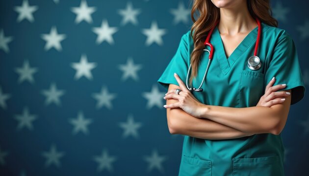 Nurse in teal scrubs and stethoscope stands with crossed arms. Background features blurred US flag stars. Represents healthcare professionals dedication and patriotism in America.