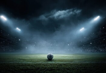 A soccer ball rests on the green grass of a stadium field
