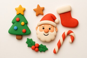 Festive Christmas collection with Santa Claus tree stocking and candy cane. Holiday decoration concept with cheerful seasonal elements and traditional symbols.