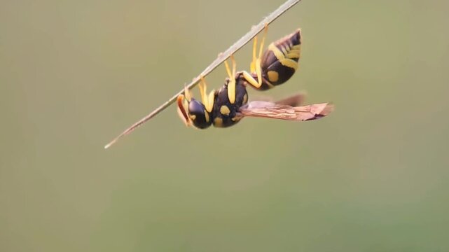 Unique Action: Paper Wasps (Polistes spp.) Hanging from Thin Branches | Wildlife Macro Stock Video Vespidae