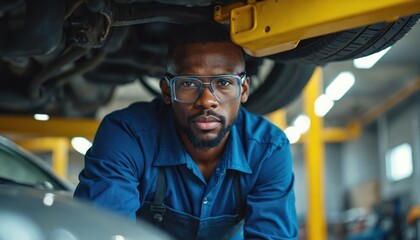 Serious African-American mechanic looks at camera while working under car. Male technician in uniform with safety glasses at auto repair shop. Automotive service and maintenance is performed.