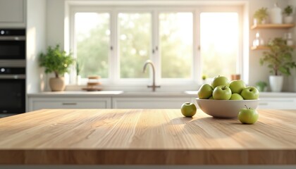 Natural wood countertop with bowl of green apples near window. Soft daylight illuminates modern kitchen interior with green potted plants for cozy home atmosphere.