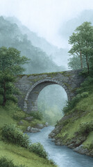 Discover the Serenity of a Misty Landscape with a Stone Bridge Over a Tranquil River, Perfect for Nature Lovers and Scenic Explorers.