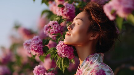 Naklejka premium Woman enjoys a moment of serenity surrounded by blooming flowers during golden hour in a lush garden