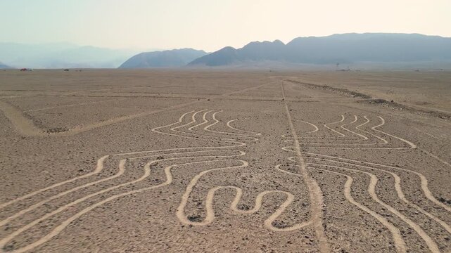 Aerial shot descending toward the famous spider Nazca Lines geoglyph etched in the arid Peruvian desert with distant mountains under bright sky