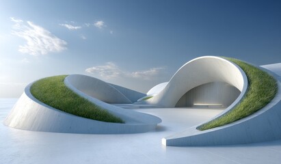 A modern architectural structure with curved forms and green roof areas under a clear sky, showcasing contemporary design and sustainable elements.